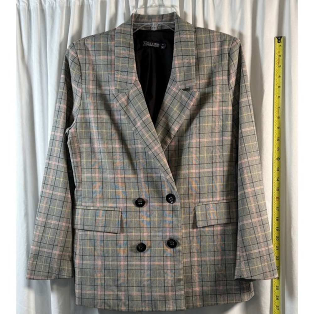 7th Avenue New York & Co Grey Plaid Double Breasted Blazer M Preppy Chic 80-27 - Picture 6 of 12